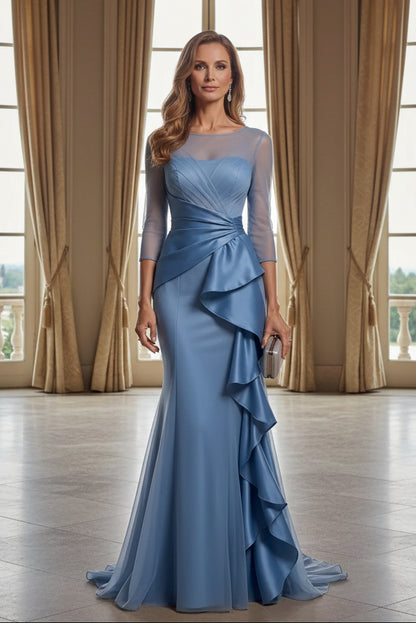 Illusion Sheer Neckline Mermaid Gown with Cascading Ruffles