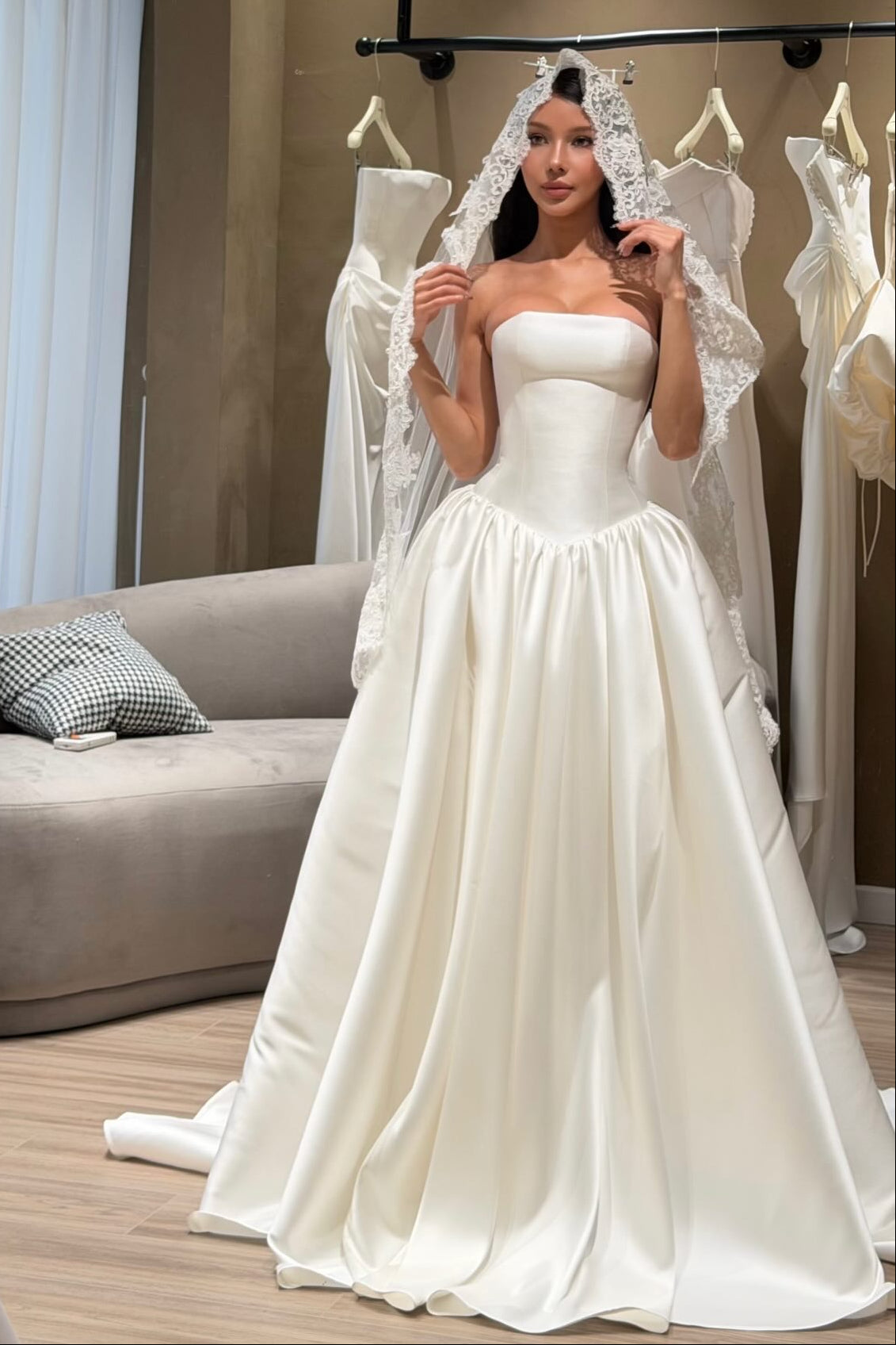 Strapless Satin Ball Gown with Lace Veil
