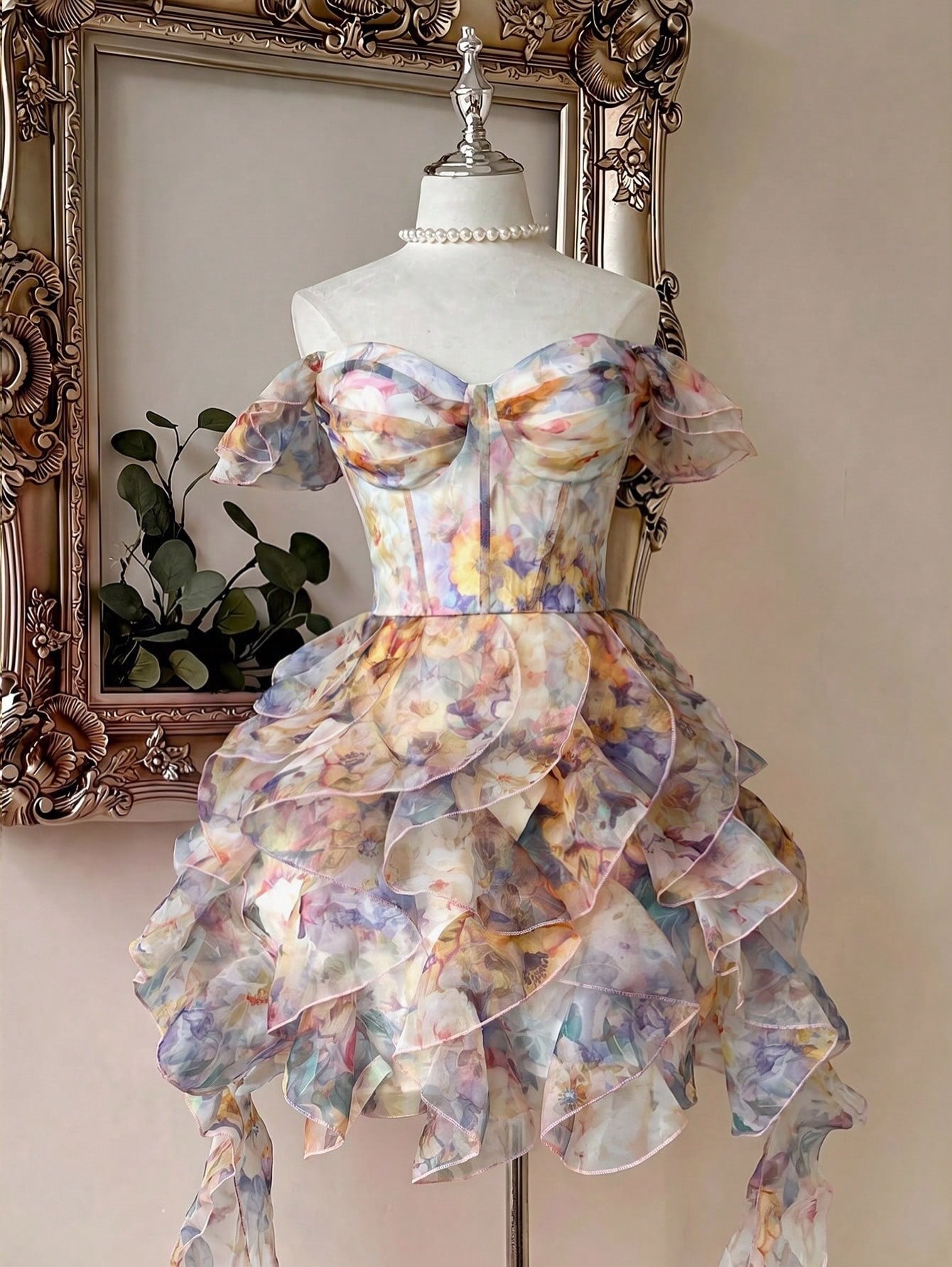 Floral Organza Off-the-Shoulder Corset Mini Dress