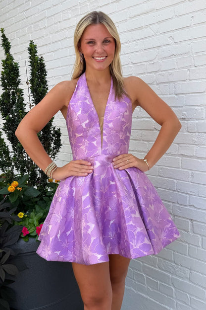 Halter Plunging Neckline Jacquard Mini Dress