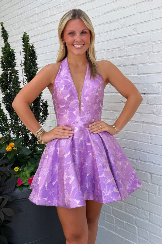 Halter Plunging Neckline Jacquard Mini Dress