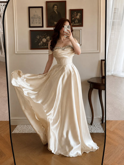 Beaded Off-the-Shoulder Satin Corset Gown