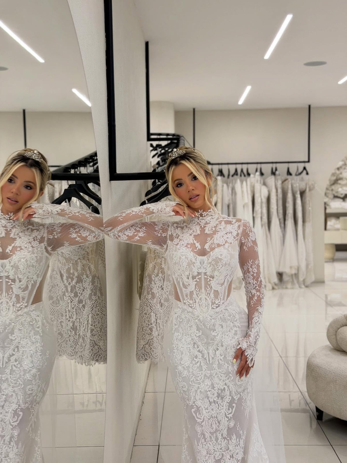 Lace High Neck Wedding Dress with Train