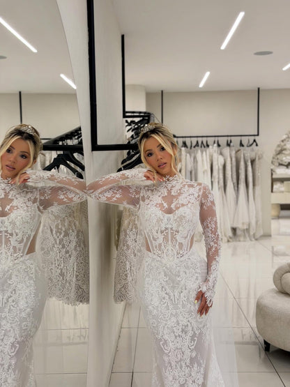 Lace High Neck Wedding Dress with Train