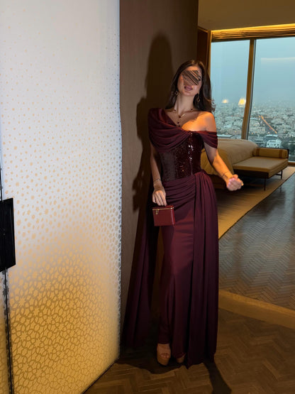 Asymmetrical Sequin Corset Cape Evening Gown