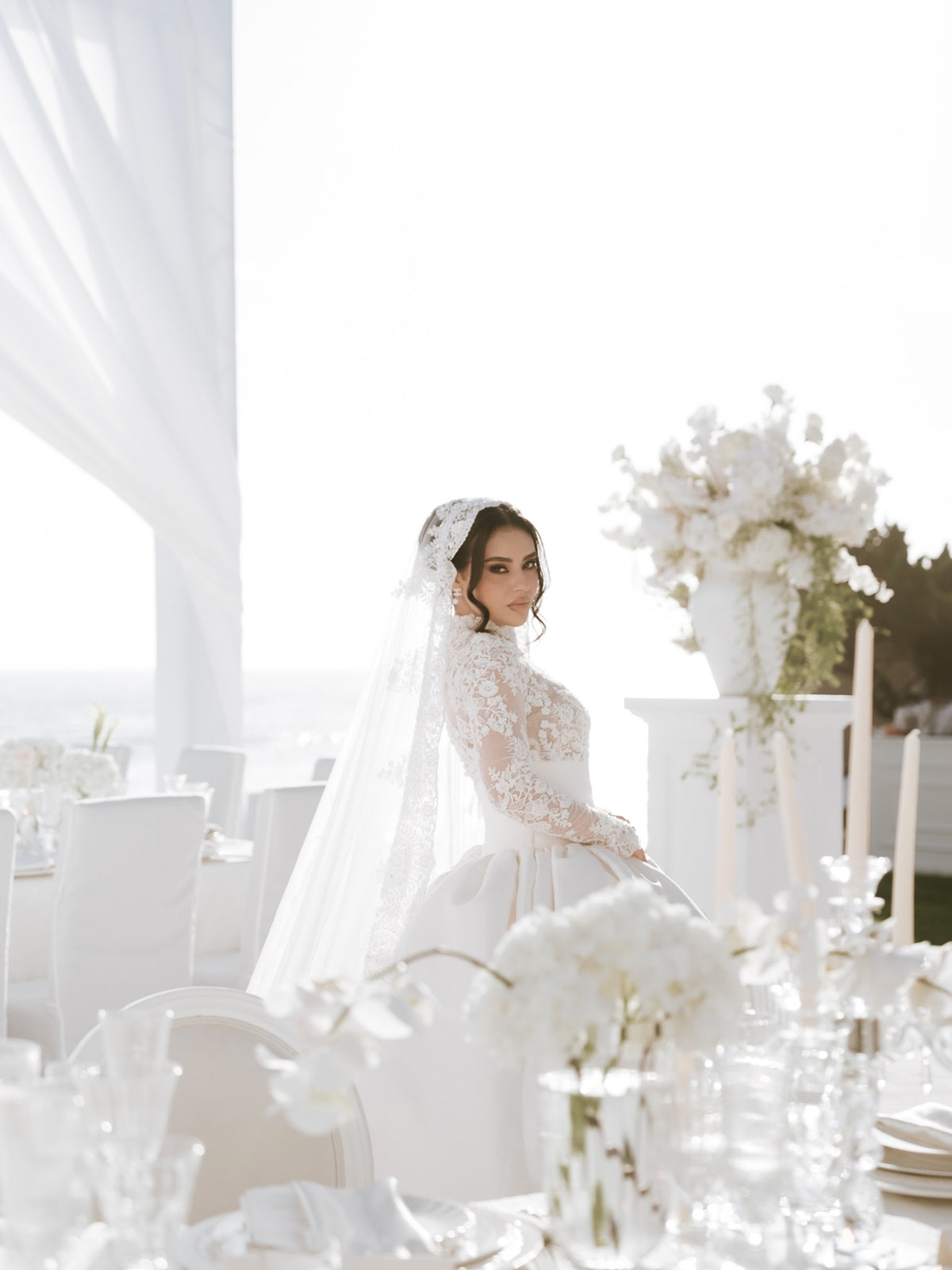 High Neck Lace Bodice Satin Ball Gown Wedding Dress