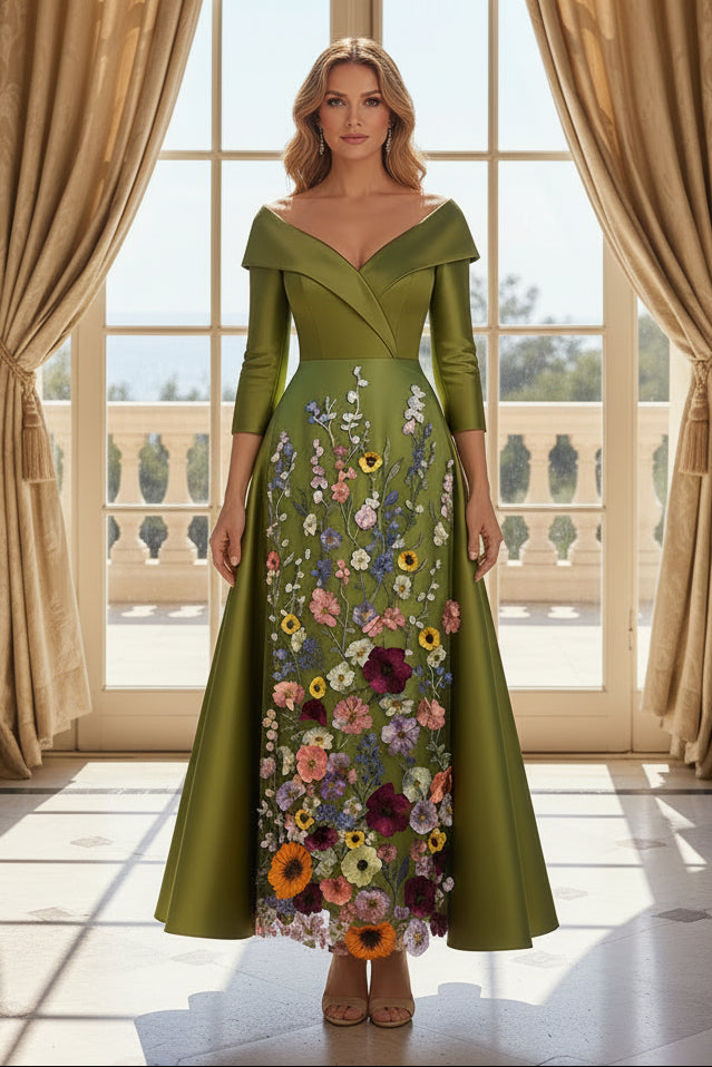 Olive Satin Gown with Floral Embroidered Skirt
