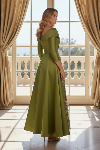 Olive Satin Gown with Floral Embroidered Skirt
