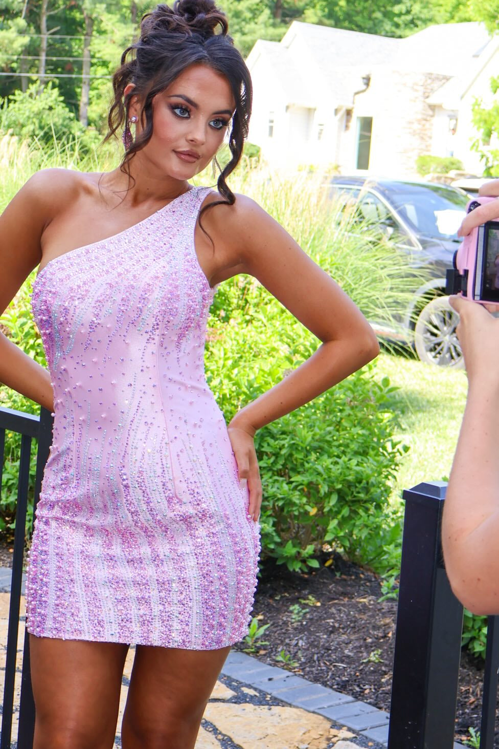 One-Shoulder Pearl and Crystal Embellished Mini Dress