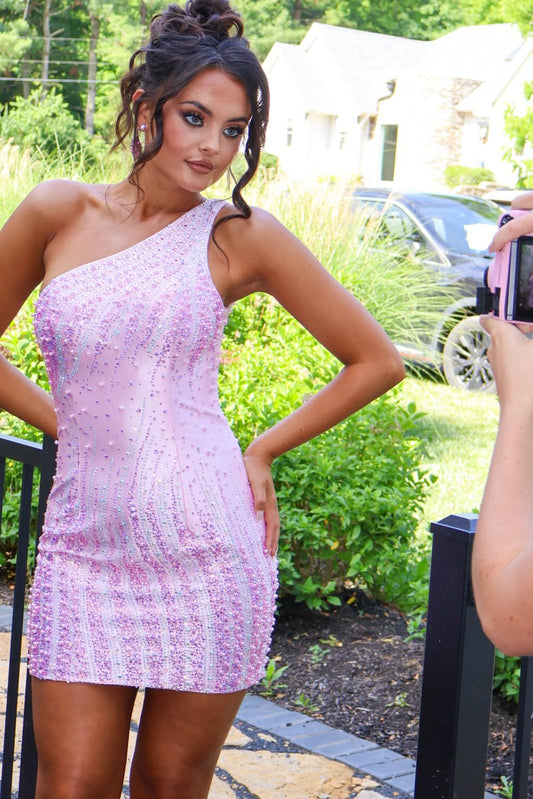 One-Shoulder Pearl and Crystal Embellished Mini Dress