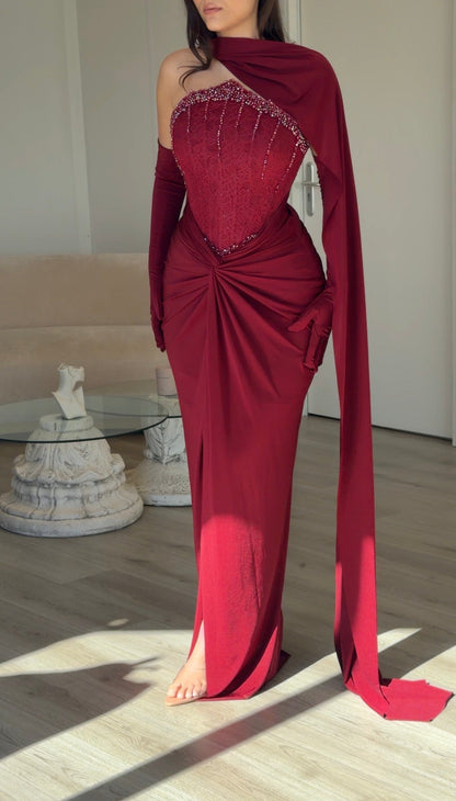 Corset Evening Gown with One-Shoulder Cape