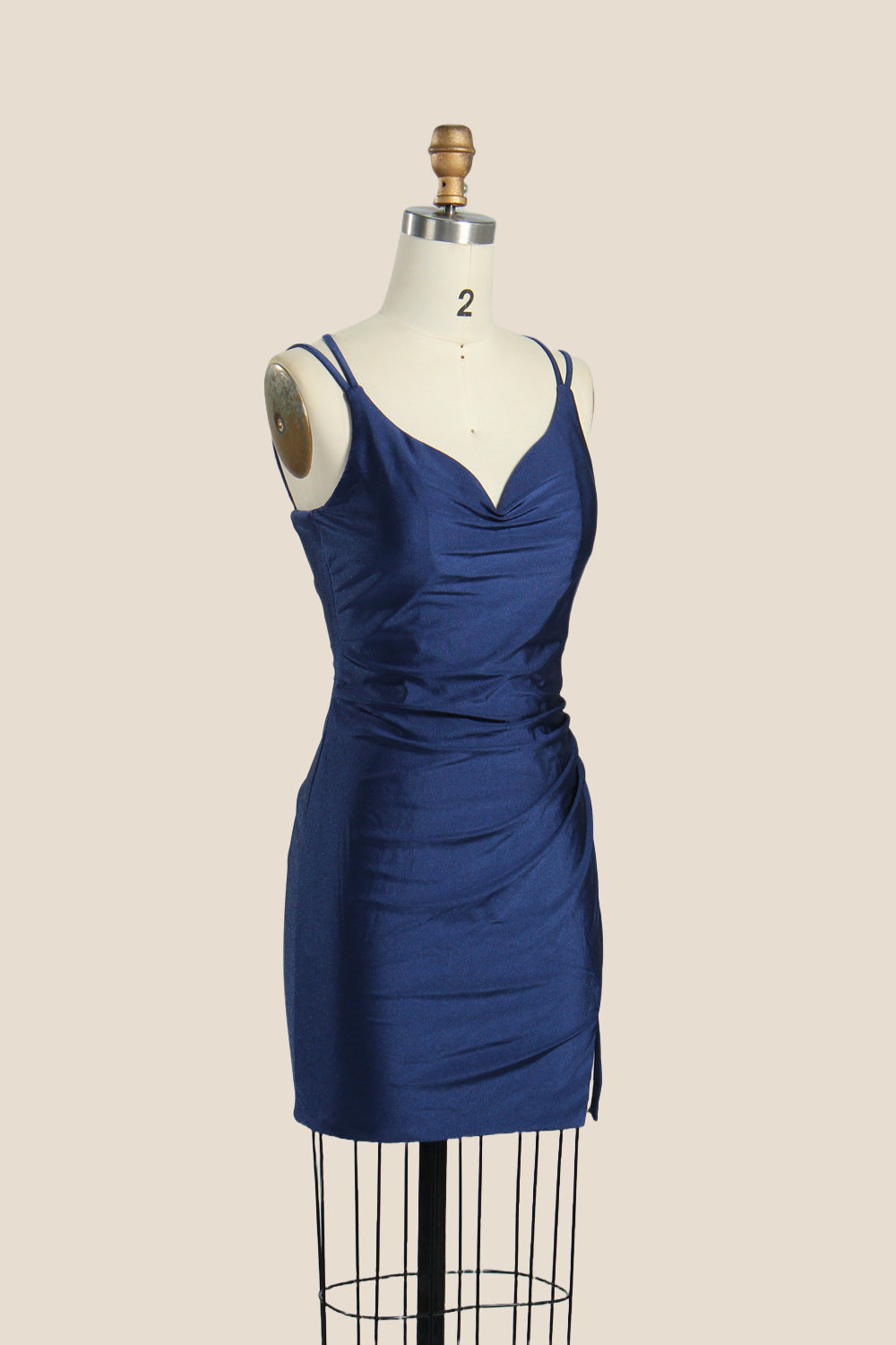 Cowl Neck Ruched Mini Dress with Lace-Up Back