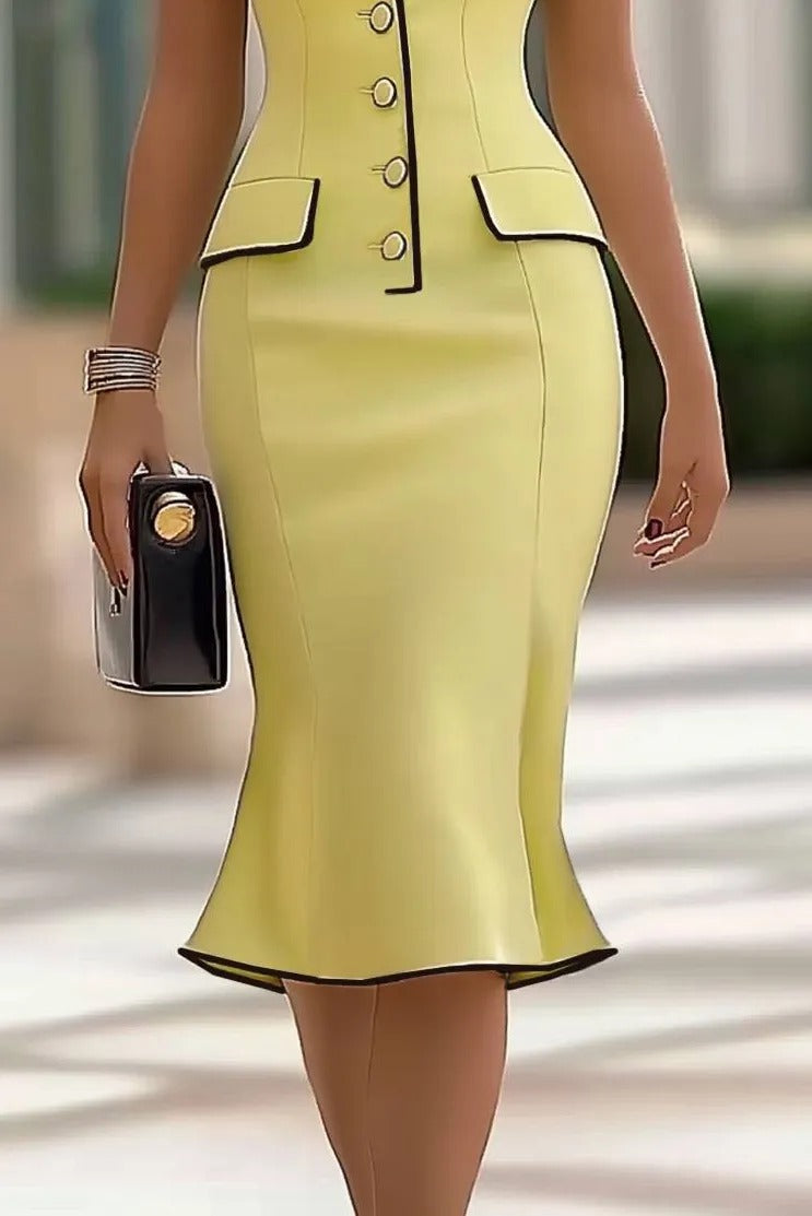 Contrast Trim Notch Lapel Midi Mermaid Dress