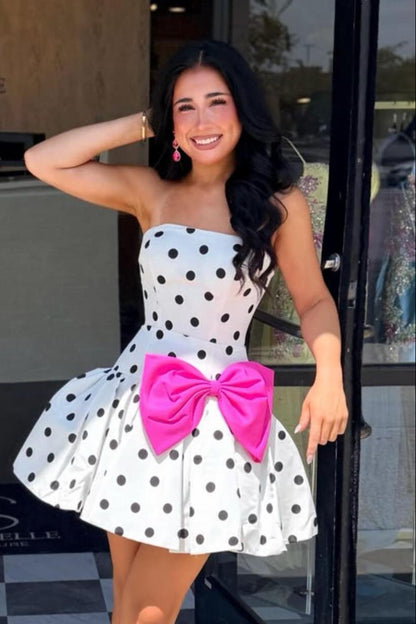 Strapless Polka Dot Mini Dress with Bow Accent