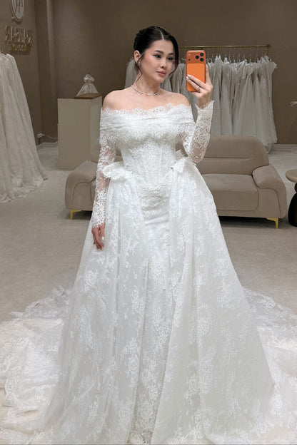Off-the-Shoulder Lace Wedding Dress with Overskirt