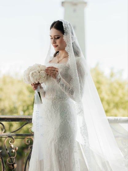 Square Neck Long Sleeve Lace Trumpet Wedding Dress