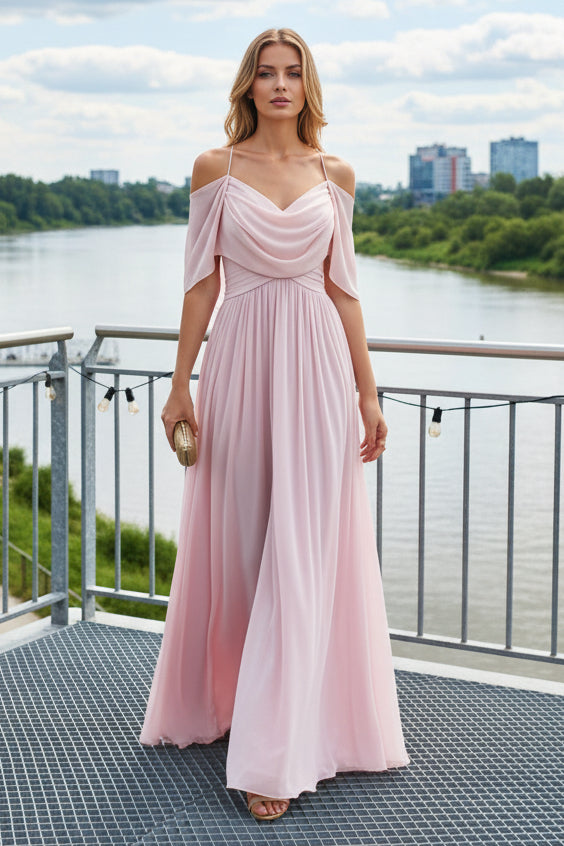 Cold-Shoulder Cowl Neck Pleated Maxi Dress