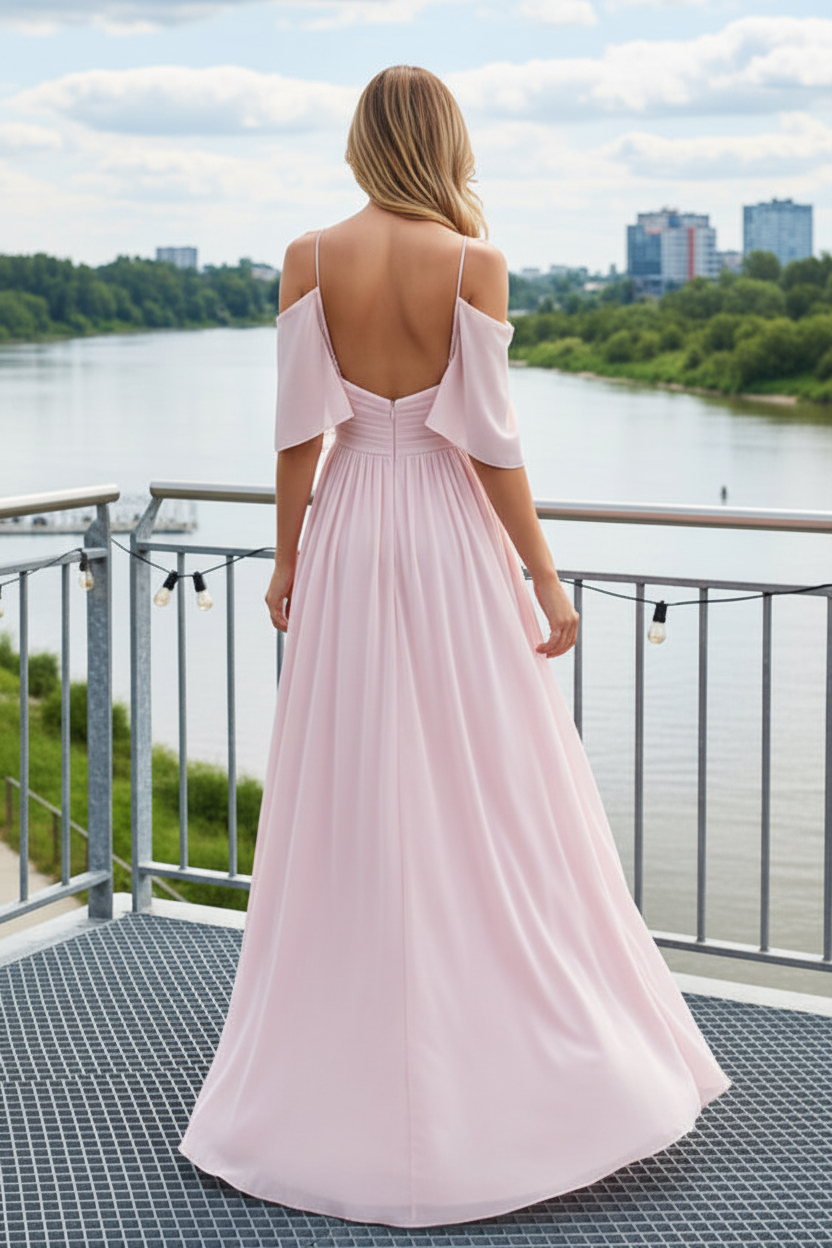 Cold-Shoulder Cowl Neck Pleated Maxi Dress