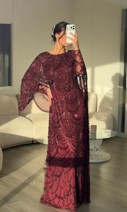 Beaded Scallop Capelet Evening Maxi Dress