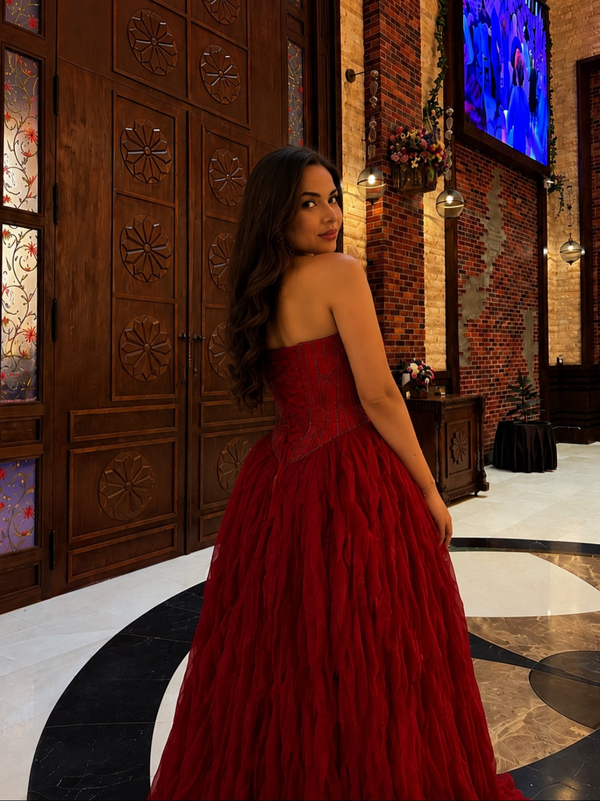 Strapless Ruffled Corset Gown with High Slit