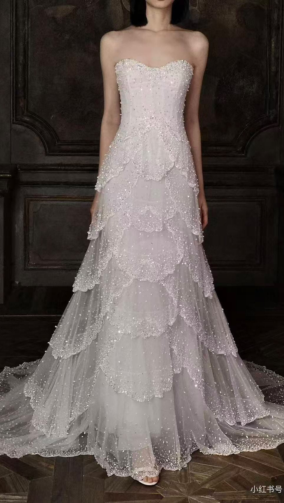 Strapless Tiered Beaded Tulle Wedding Gown