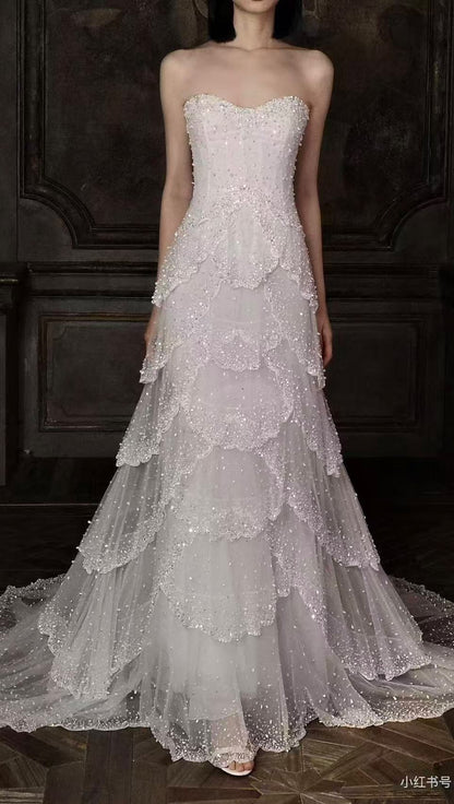 Strapless Tiered Beaded Tulle Wedding Gown