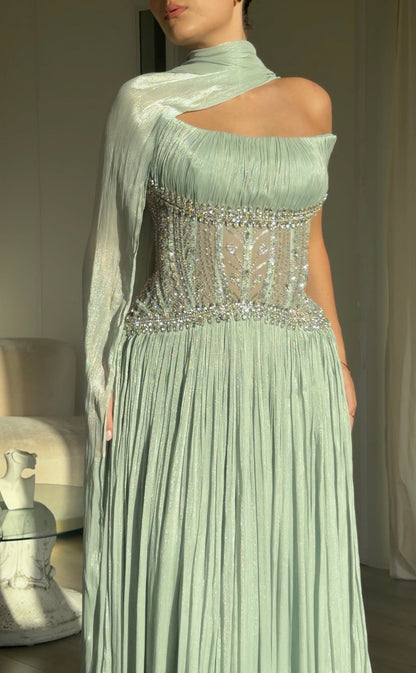 Corset Pleated Evening Gown with Neck Drape