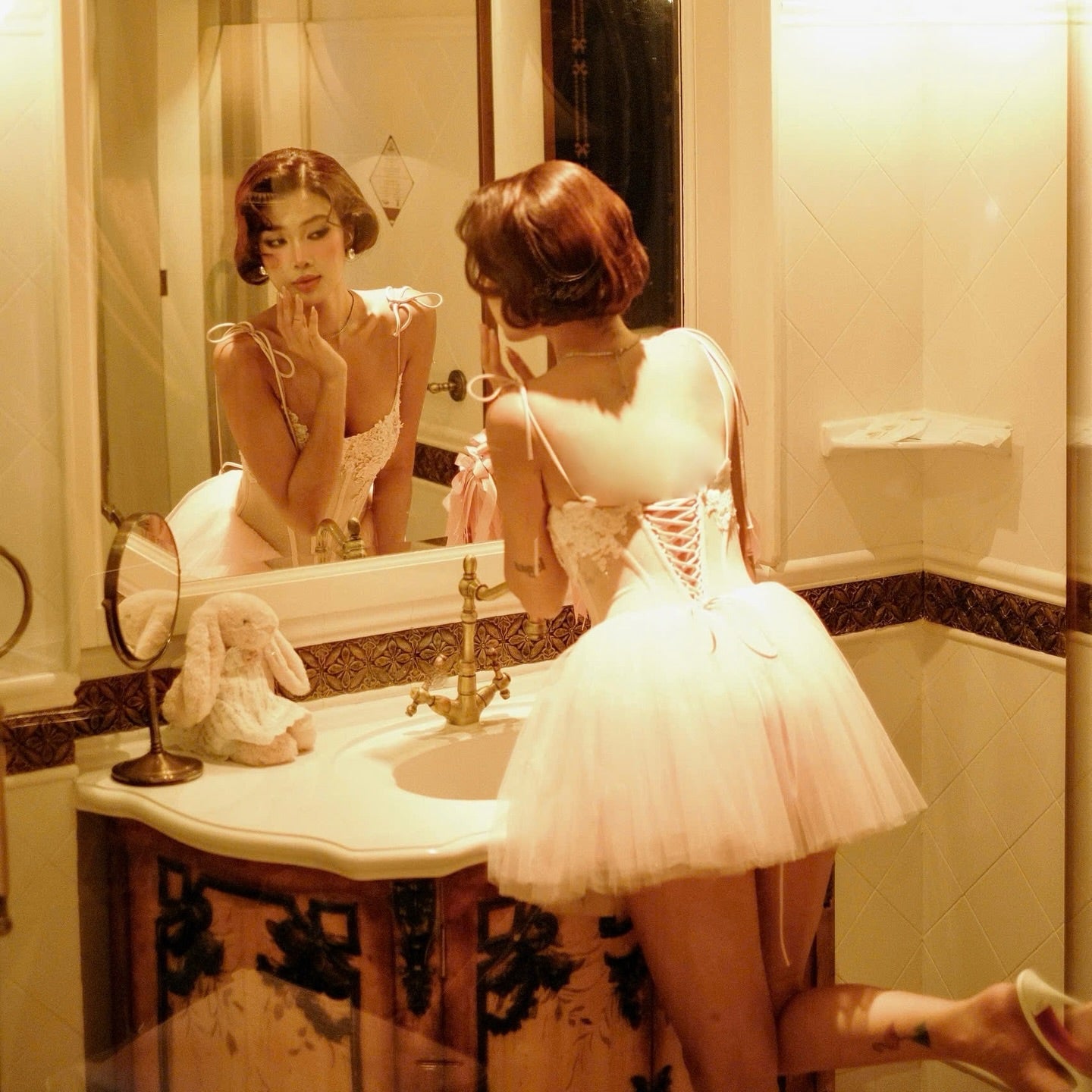 Lace Applique Corset Tulle Mini Dress