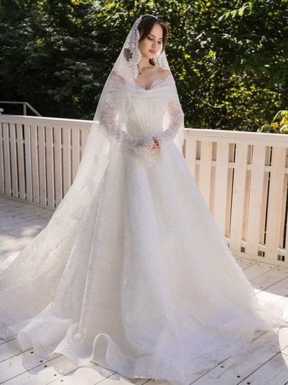 Off-the-Shoulder Long Sleeve Lace Ball Gown