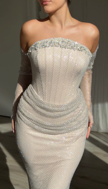 Corset Mesh Embellished Evening Gown with Sleeves