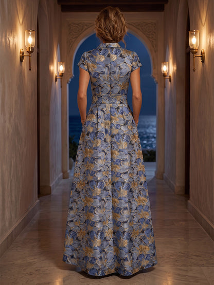 Belted Floral Jacquard A-Line Maxi Dress with Pockets