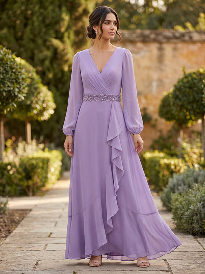 V-Neck Long Sleeve Chiffon A-Line Evening Gown