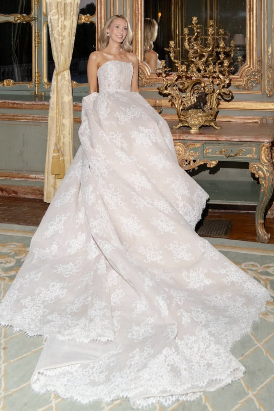 Strapless Lace Ball Gown Wedding Dress with Train