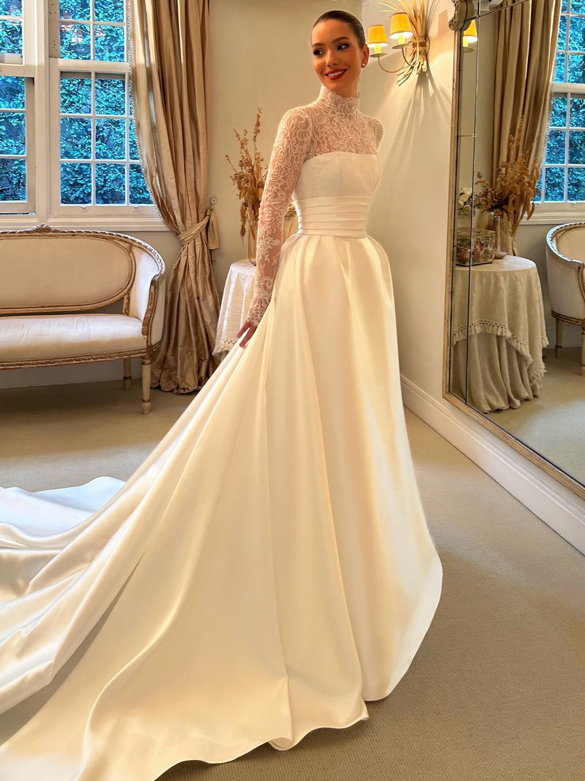 High-Neck Lace and Satin Ball Gown Wedding Dress