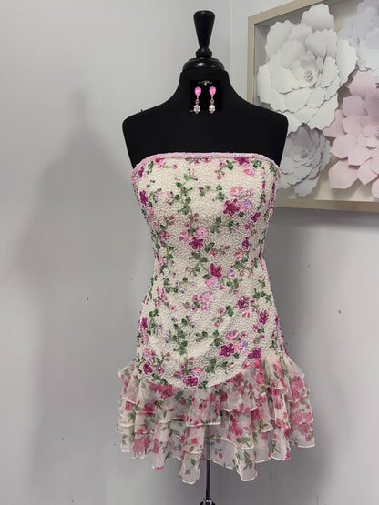 Strapless Floral Beaded Ruffle Mini Dress