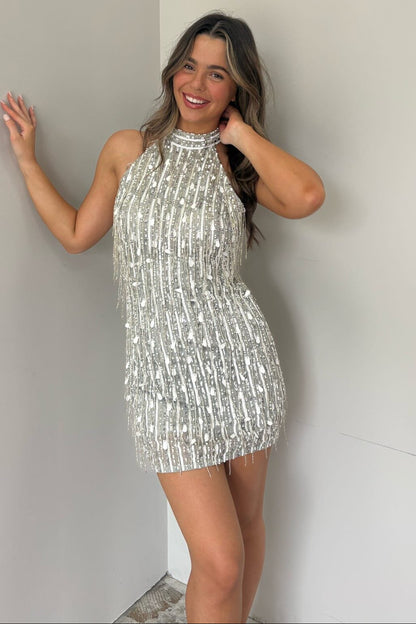 High Neck Beaded Fringe Mini Dress