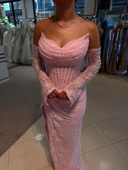 Corset Lace Gown with Cowl Neck & Long Sleeves