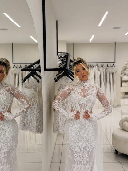 Lace High Neck Wedding Dress with Train