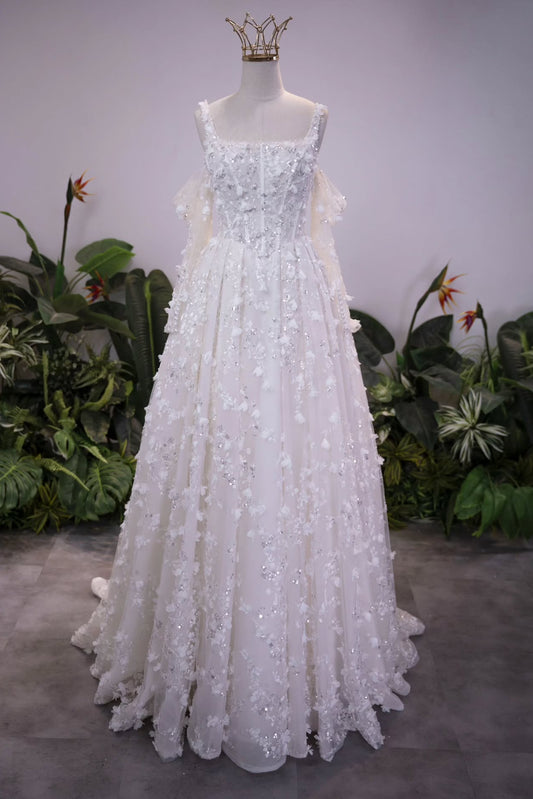 3D Floral Applique A-Line Wedding Gown