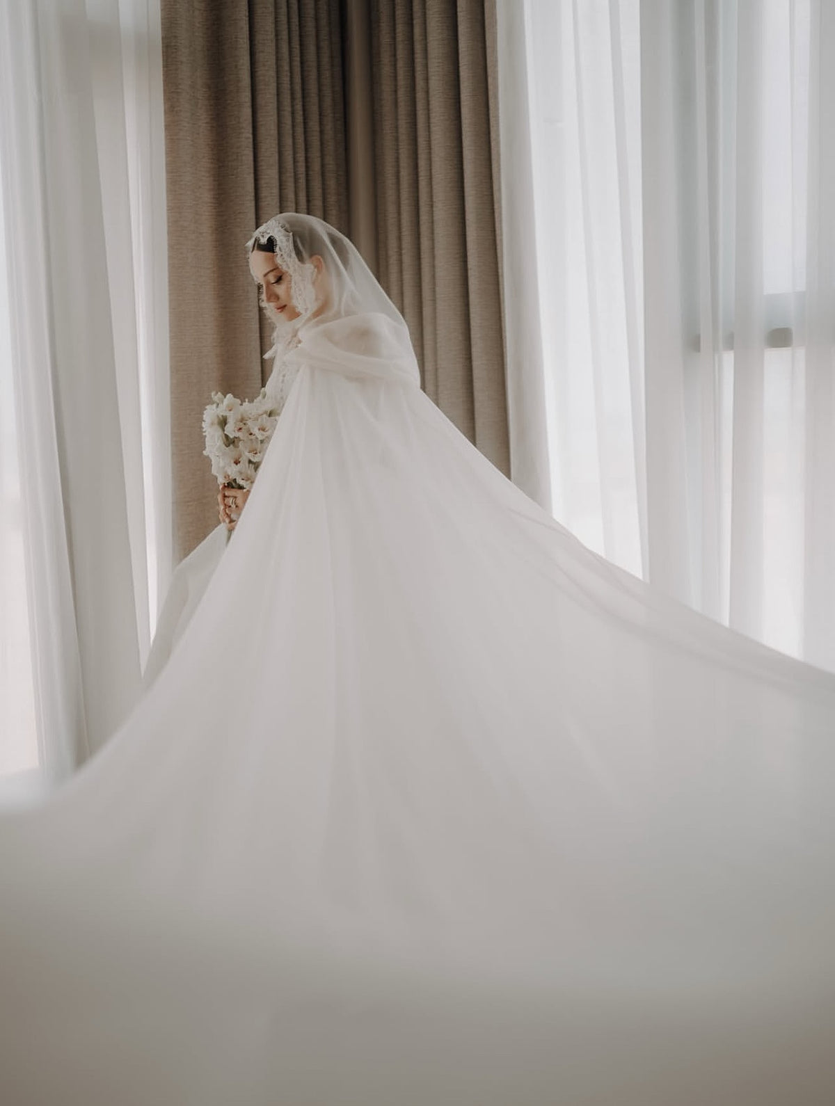 Lace Ball Gown Wedding Dress with Cape & Long Sleeves