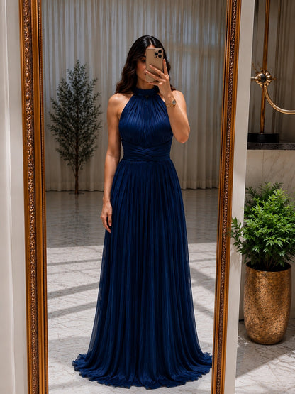 Pleated Halter Maxi Dress with Front Slit