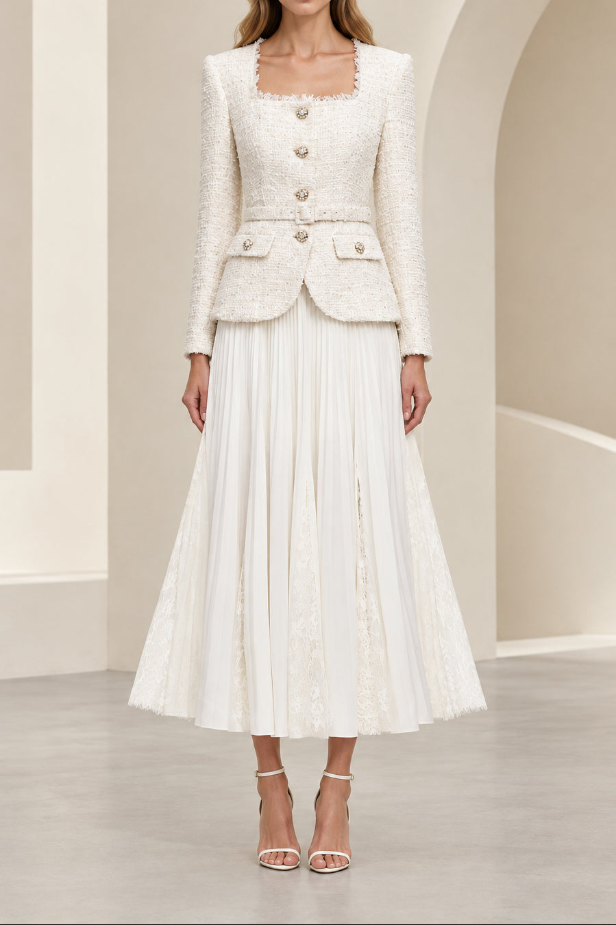 Tweed Jacket Pleated Lace Midi Dress