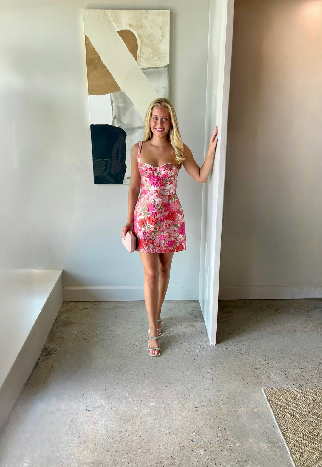 Floral Jacquard Sweetheart Mini Dress
