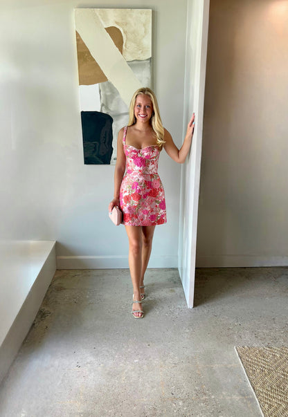 Floral Jacquard Sweetheart Mini Dress