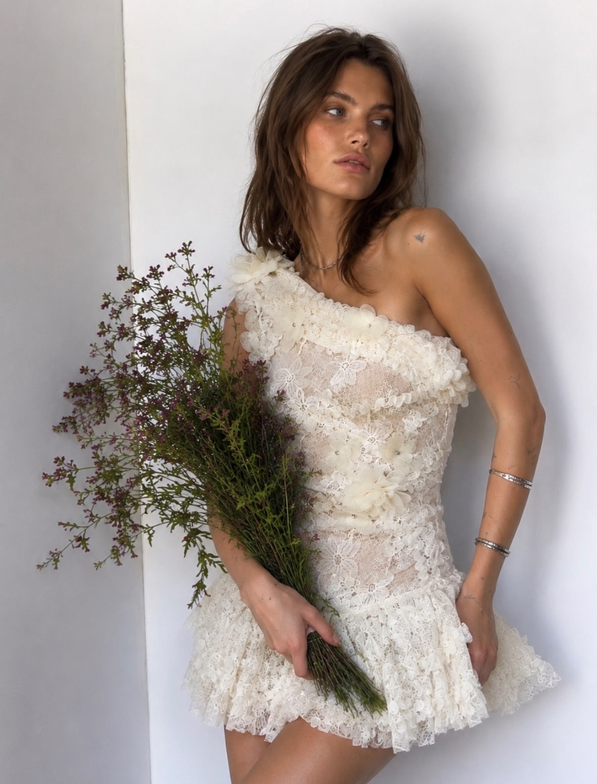 One-Shoulder Lace Mini Dress with 3D Flowers