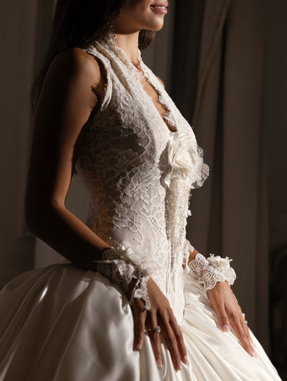 High Neck Lace Bodice Ball Gown Wedding Dress