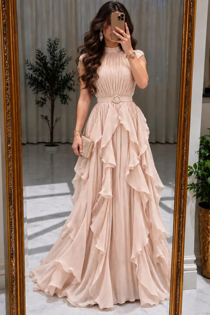 High Neck Pleated Gown with Cascading Ruffles