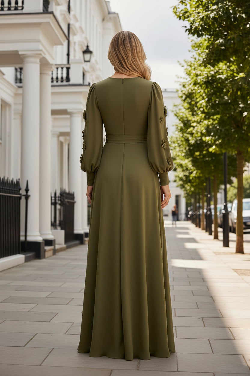 A-Line Gown with Bishop Sleeves and 3D Flowers