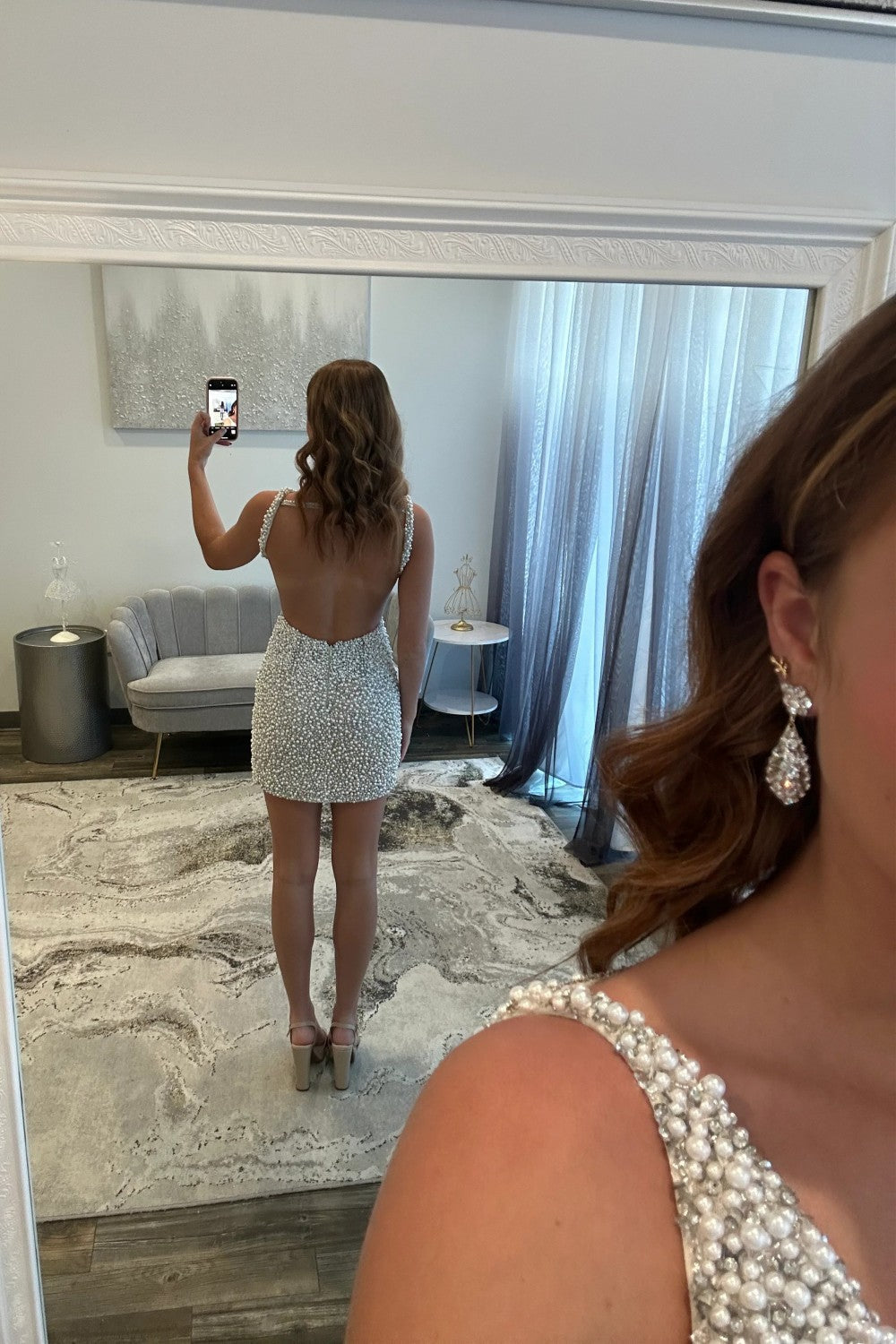 Deep V-Neck Pearl Embellished Mini Dress