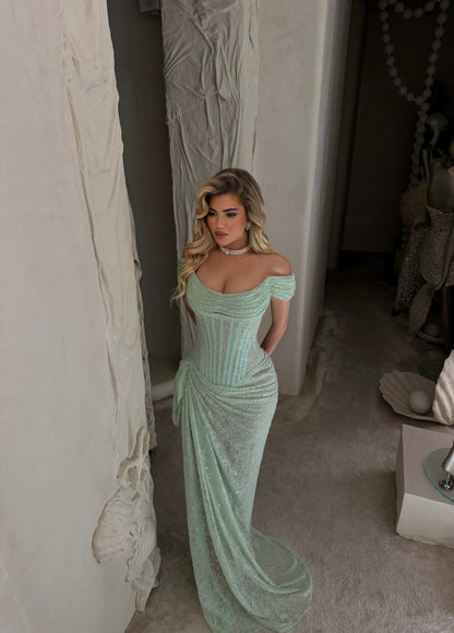Off-the-Shoulder Corset Sequin Gown with Slit